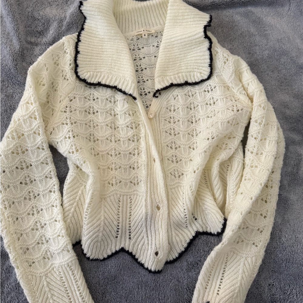 Aaron & Amber Cream Pointelle Knit Zip Cardigan with Black Contrast Trim